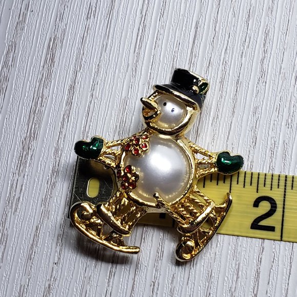 Gold Tone Enamel Snowman Ice Skating Brooch Pin - Picture 6 of 6